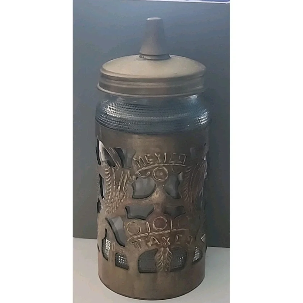 Vintage Glass Jar Mexico Taxco  Floral Overlay Syrup Condiment